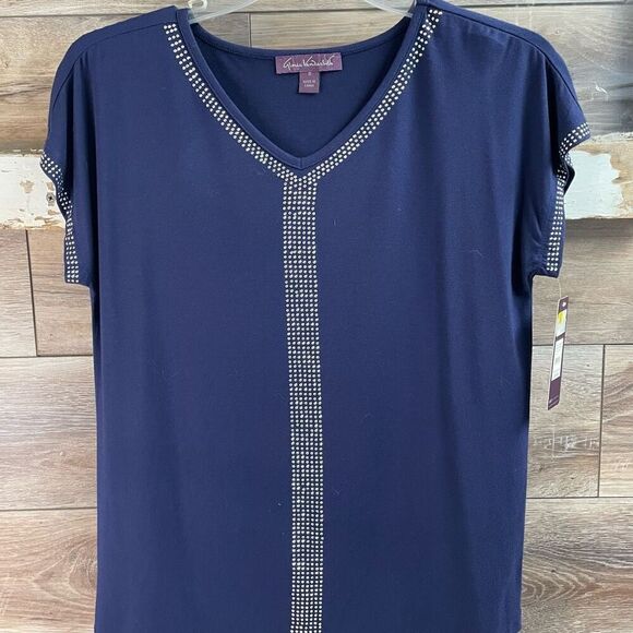 Gloria Vanderbilt NWT Women’s Ink Blue Vneck Rhinestone Dressy Blouse Sz Small - Picture 3 of 8